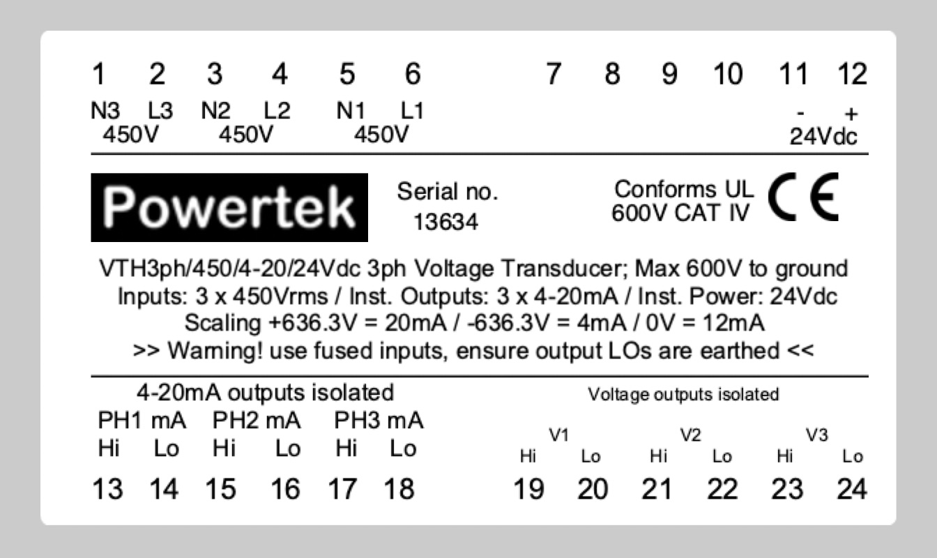 VTH3ph three phase voltage transducers for instantaneous or rms voltage sensing