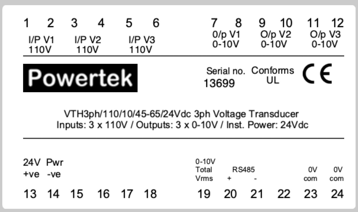VTH voltage transducer connections and rating label